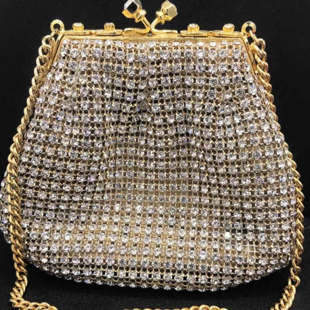Vintage RHINESTONE Elegant Gold and Silver Crystal Evening Bag